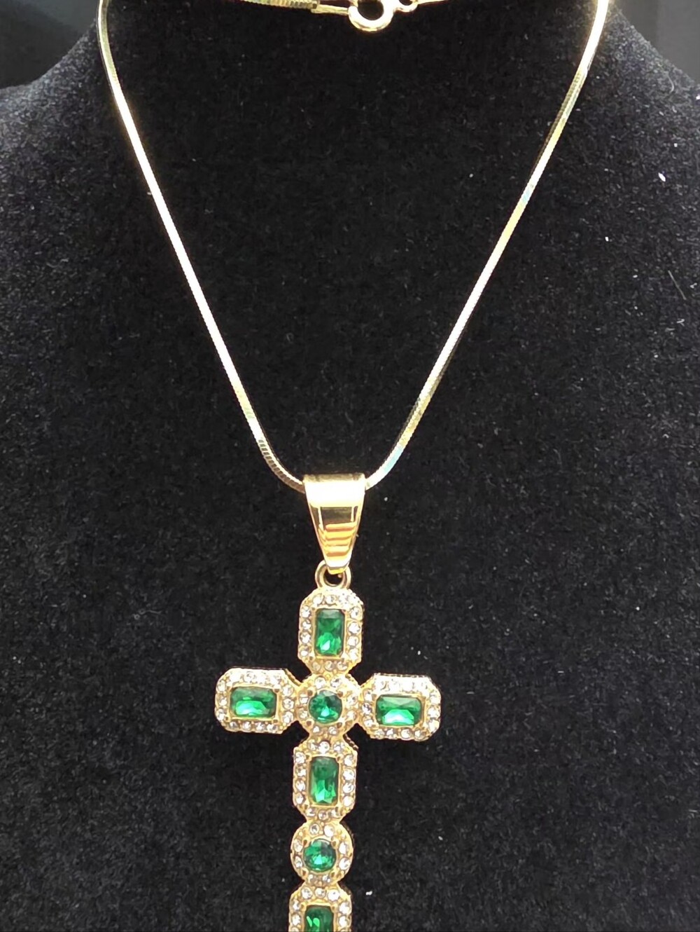 Gold Tone Green Crystal Cross Necklace 18” Stainless Steel